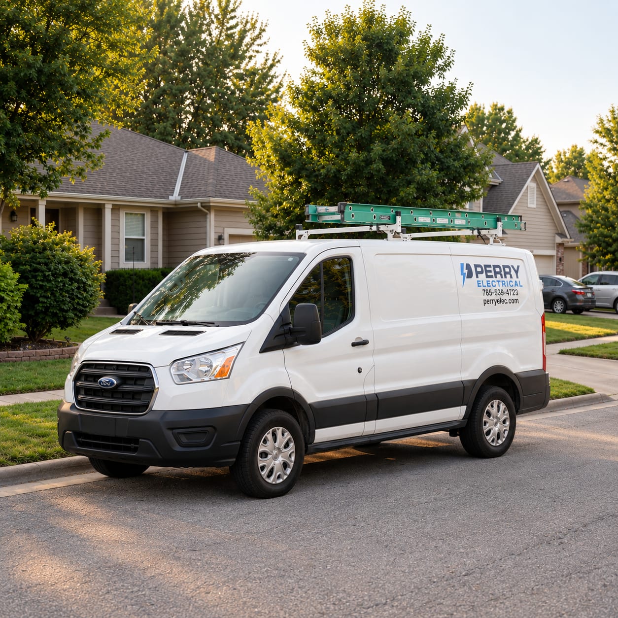 A Perry Electrical service van parked at a customer’s home
