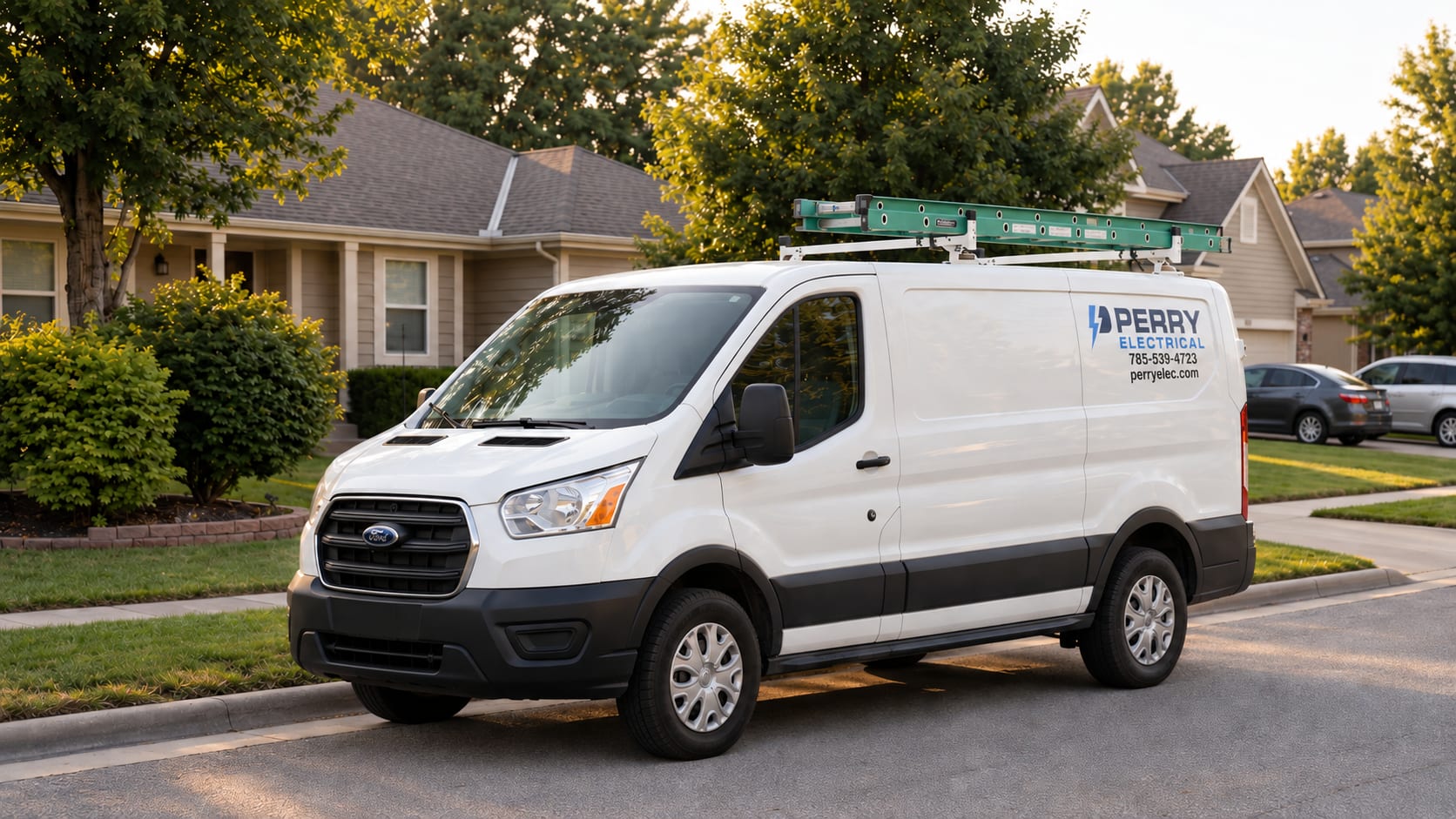 A Perry Electrical service van parked at a customer’s home